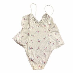 70s/80s European Vintage Eurobella Rose Silky Lace Bodysuit (Ivory/Multi) M/L